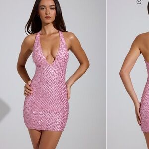 Oh Polly Pink Sequin Plunge Halter Mini Dress